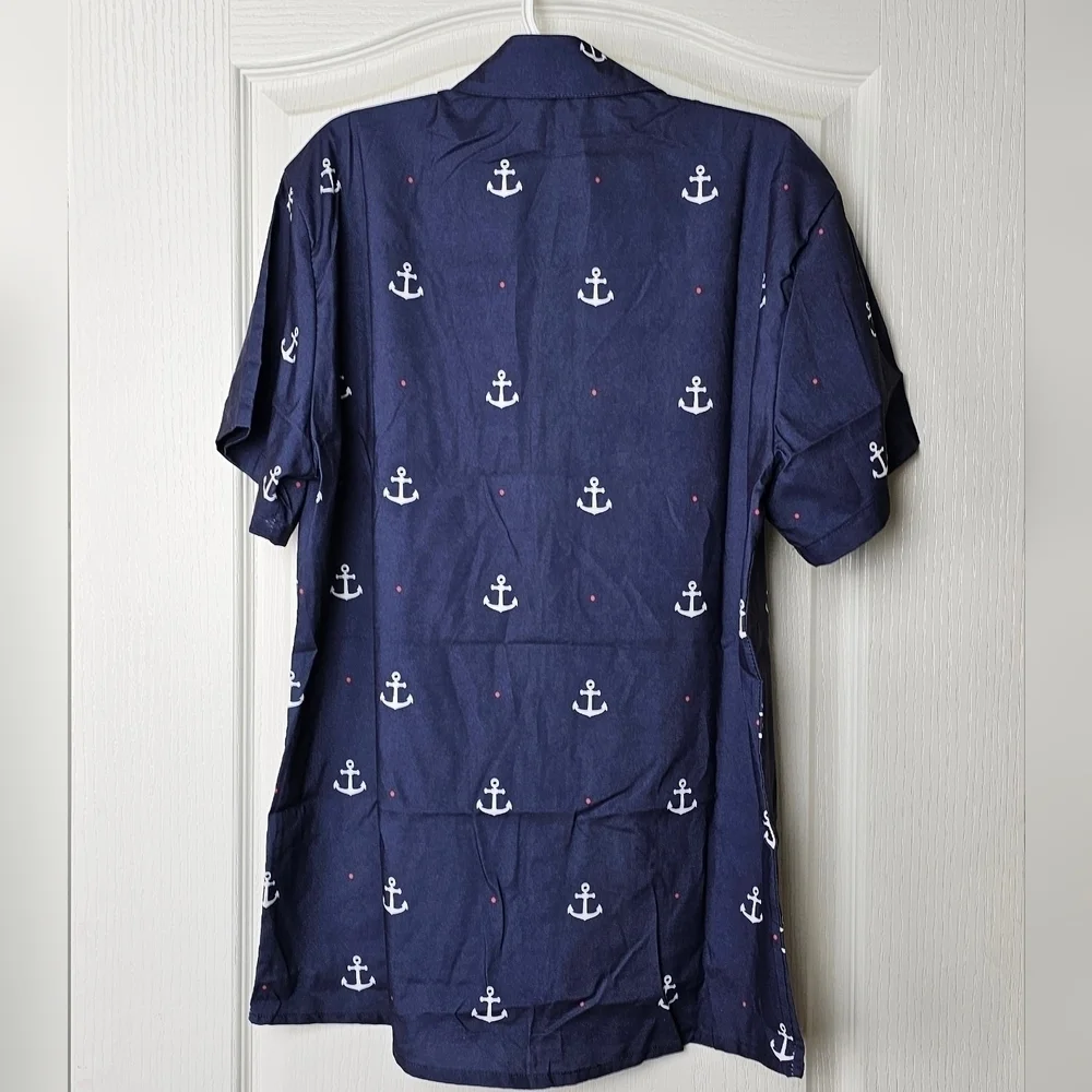 KYKU Men's Button Down Short Sleeve Shirt, One Pocket | Navy with White Anchors